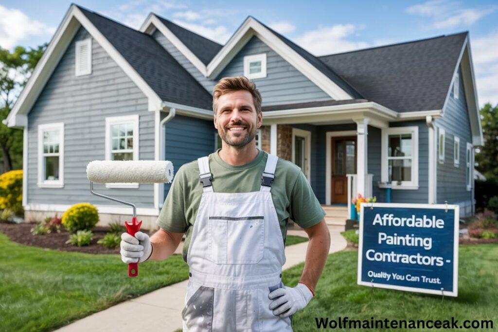 Smiling painter holding a paint roller in front of a freshly painted blue house with a sign that reads 'Affordable Painting Contractors - Quality You Can Trust.' Lawn and landscaping are neatly maintained.